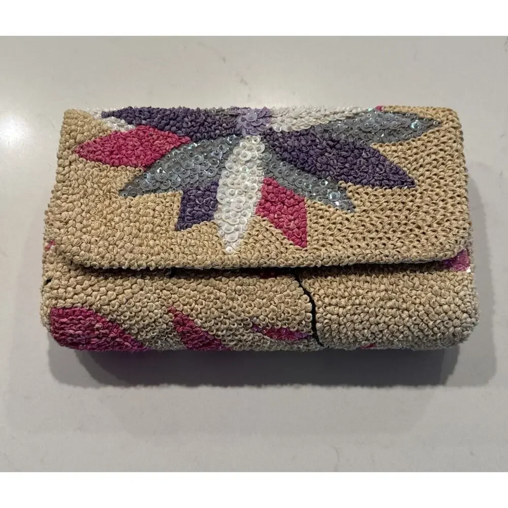 Floral Sequin Rafia Evening Clutch Purse Wedding Prom Vintage‎ Inspired Boho